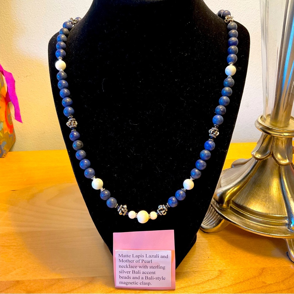 Matte Lapis and Mother of Pearl Necklace With Bali Beads